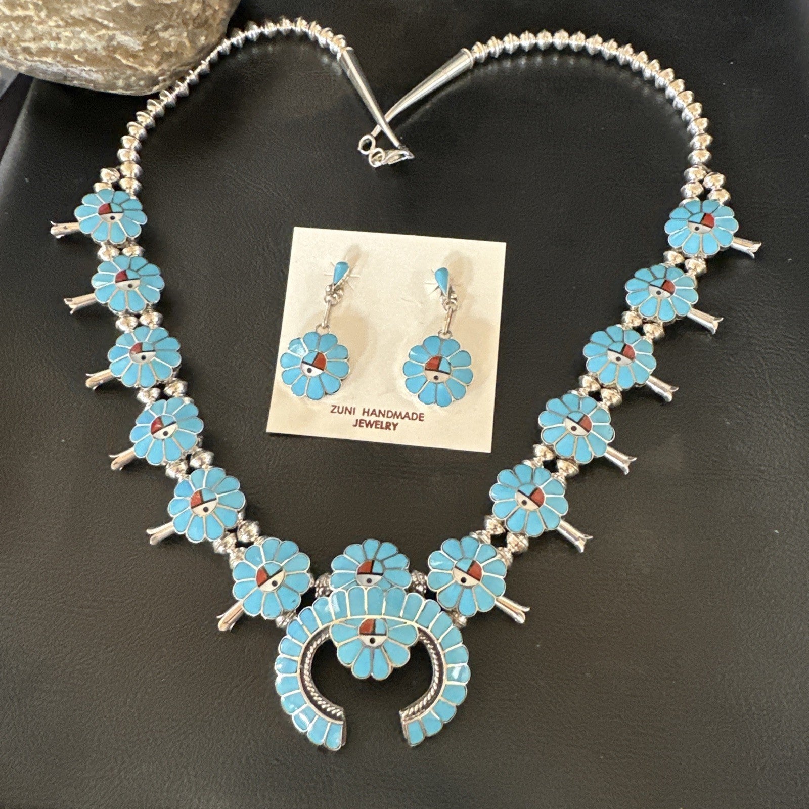 Old Pawn Sunface Turquoise Zuni Sterling Silver Squash Necklace Earrings 19289