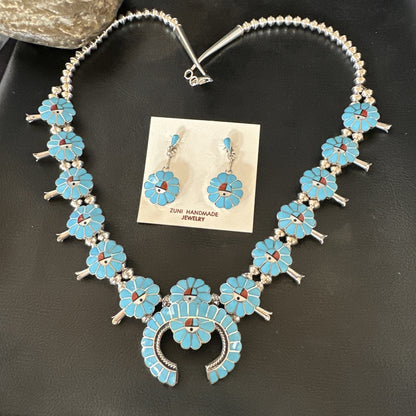 Old Pawn Sunface Turquoise Zuni Sterling Silver Squash Necklace Earrings 19289