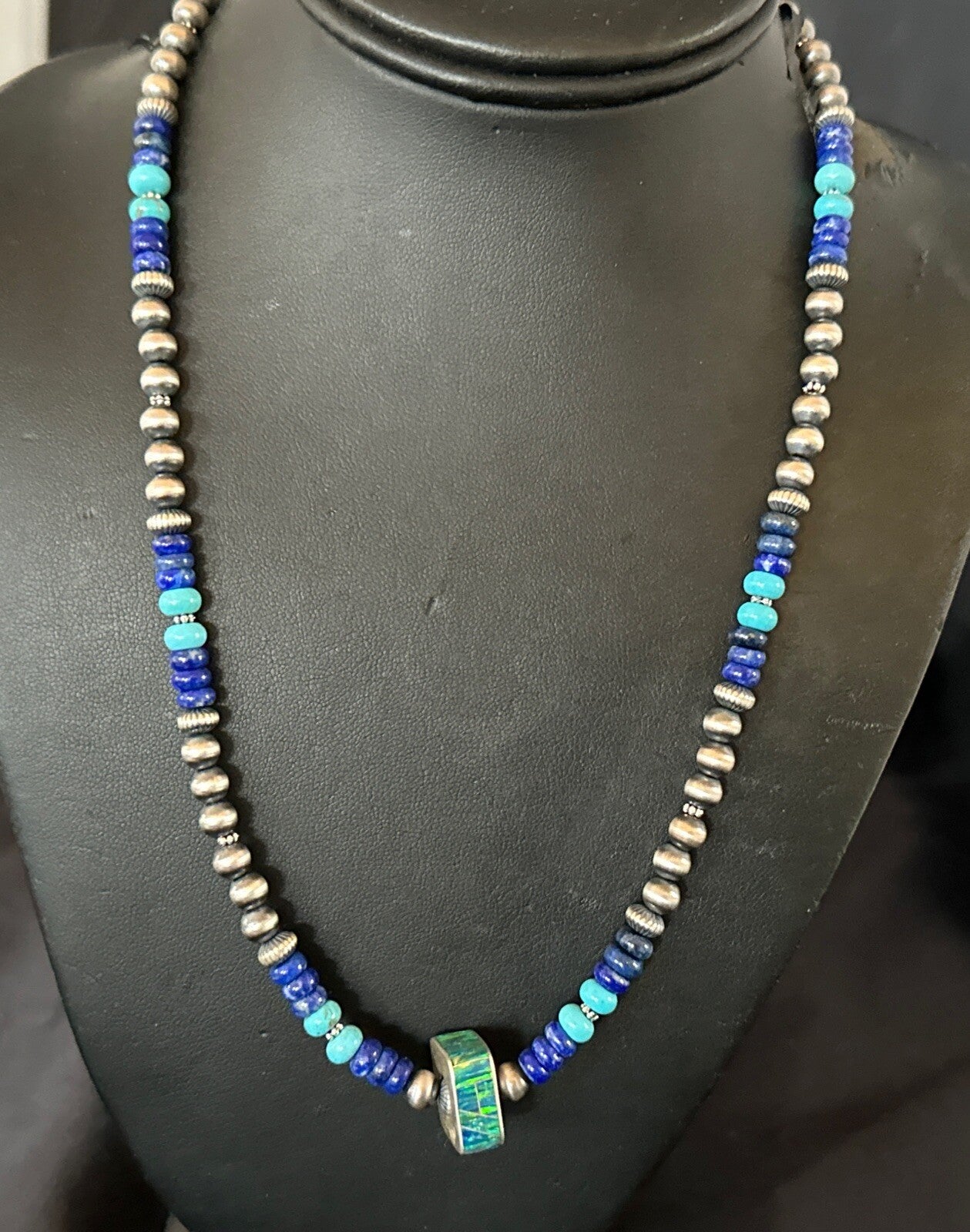 Mens Blue Turquoise Lapis Opal Pendant Navajo Sterling Silver Necklace 20" 17897