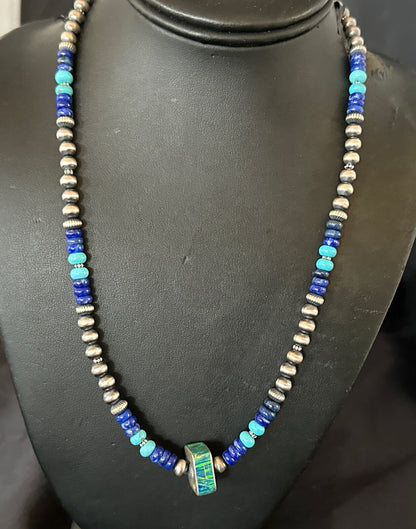 Mens Blue Turquoise Lapis Opal Pendant Navajo Sterling Silver Necklace 20" 17897
