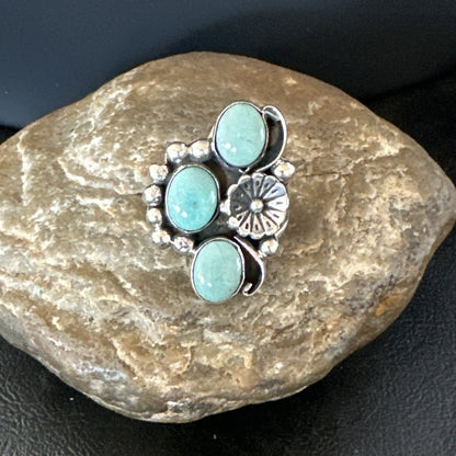 Yazzie Ring Green Turquoise Navajo Sterling Silver Cluster Size 9 19208