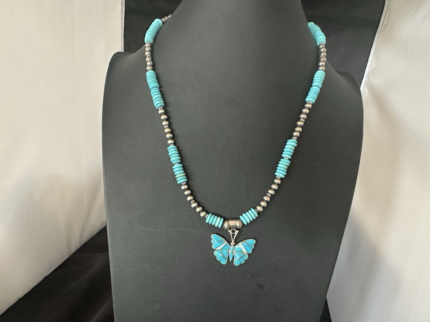 Butterfly Blue Turquoise Opal Pendant Navajo Sterling Silver Necklace 19511