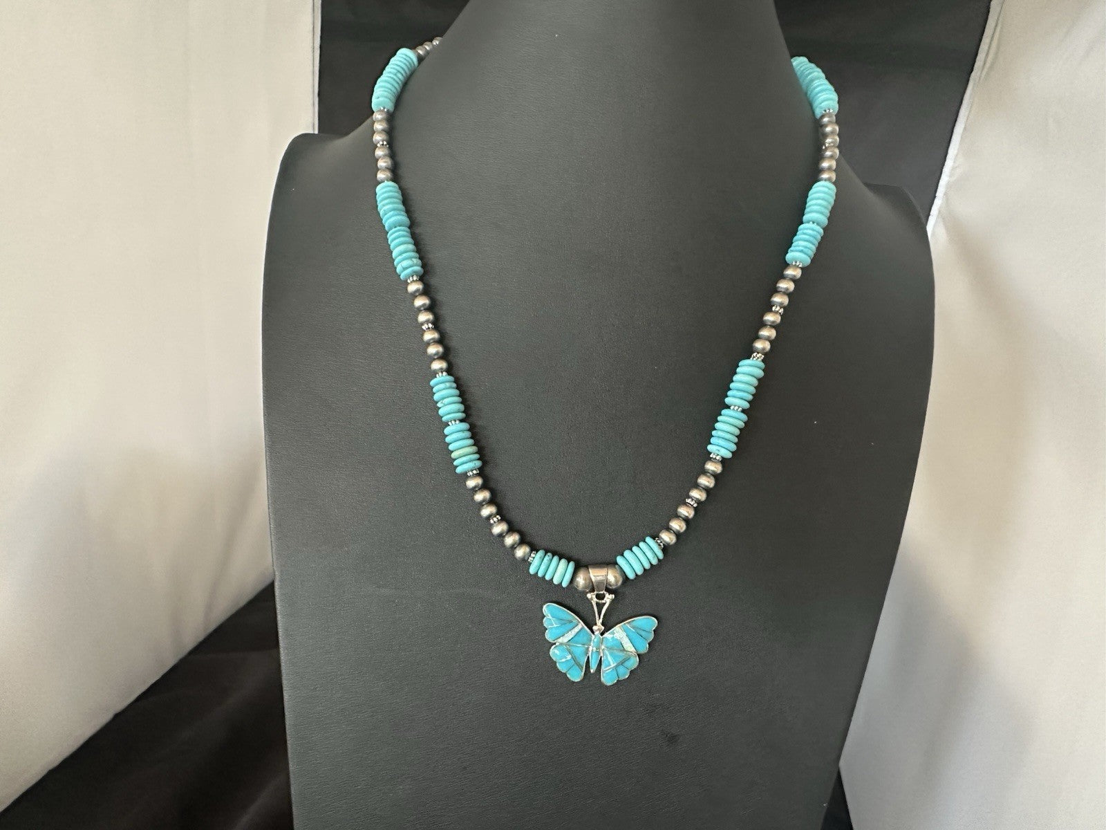 Butterfly Blue Turquoise Opal Pendant Navajo Sterling Silver Necklace 19511