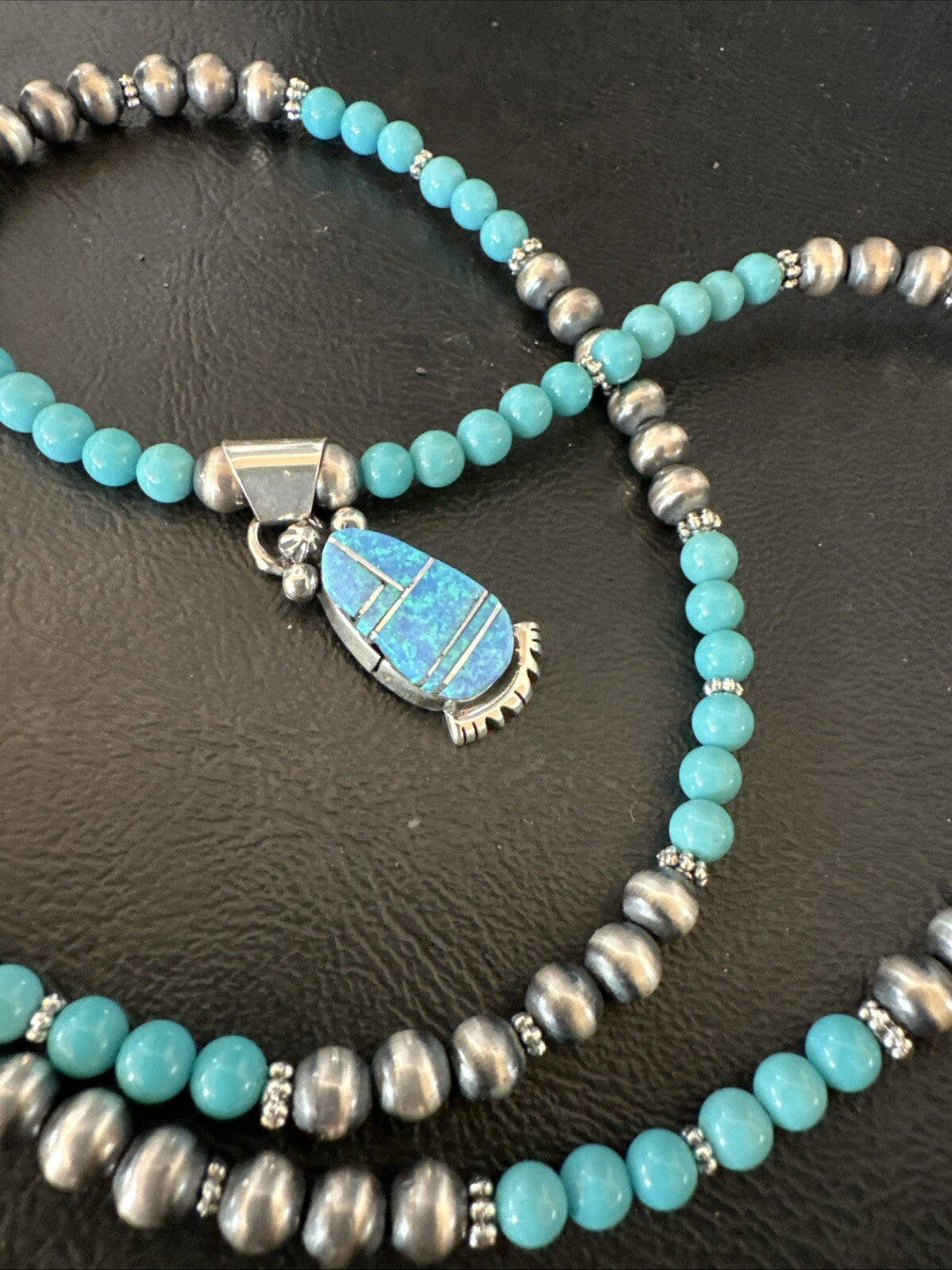 Blue Opal Pendant Turquoise Navajo Sterling Silver Necklace 23" 18734