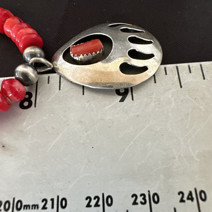 Red Coral BearPaw Inlay Pendant Navajo Pearls Sterling Silver Necklace 21" 18058