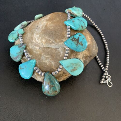 Navajo Pearls Necklace Sterling Silver Blue Turquoise Teardrop 13152