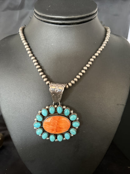 Kingman Turquoise & Spiny Oyster Cluster Pendant Sterling Silver Necklace 14277