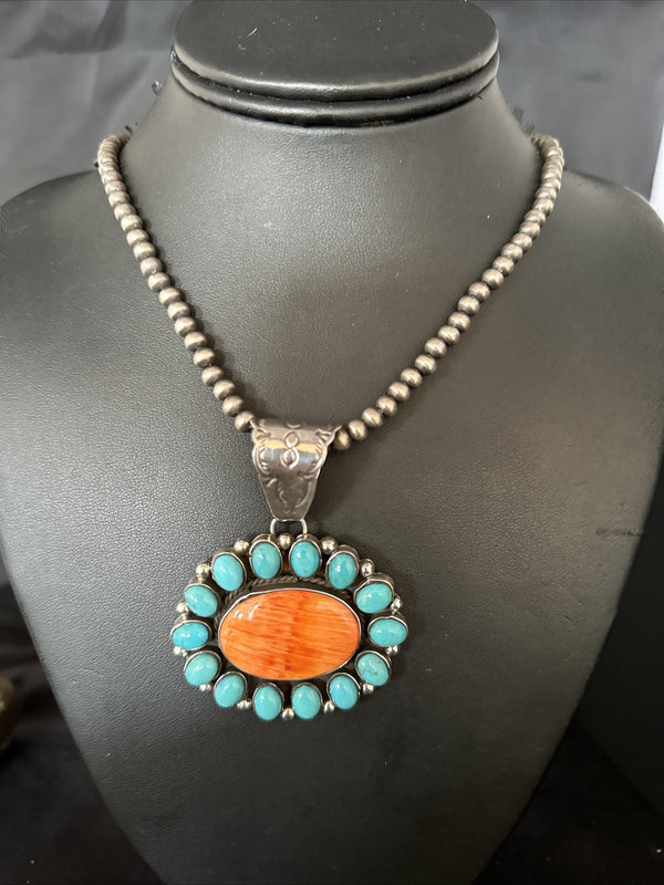 Kingman Turquoise Spiny Oyster Cluster Pendant Necklace | Sterling Silver | Authentic Native American Handmade | 14277