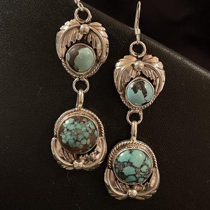 Womens Blue Spider Web Turquoise Navajo Sterling Silver Dangle Earrings 1238