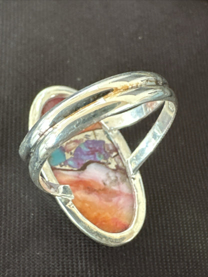 Blue Turquoise Spiny Oyster Southwestern Sterling Silver Ring Size 8 18437