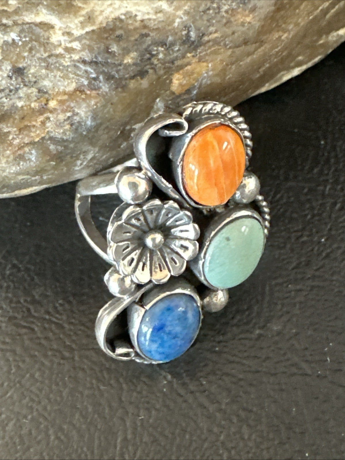 Multicolor Ring Turquoise Spiny Navajo Sterling Silver Cluster Size 8.5 19189