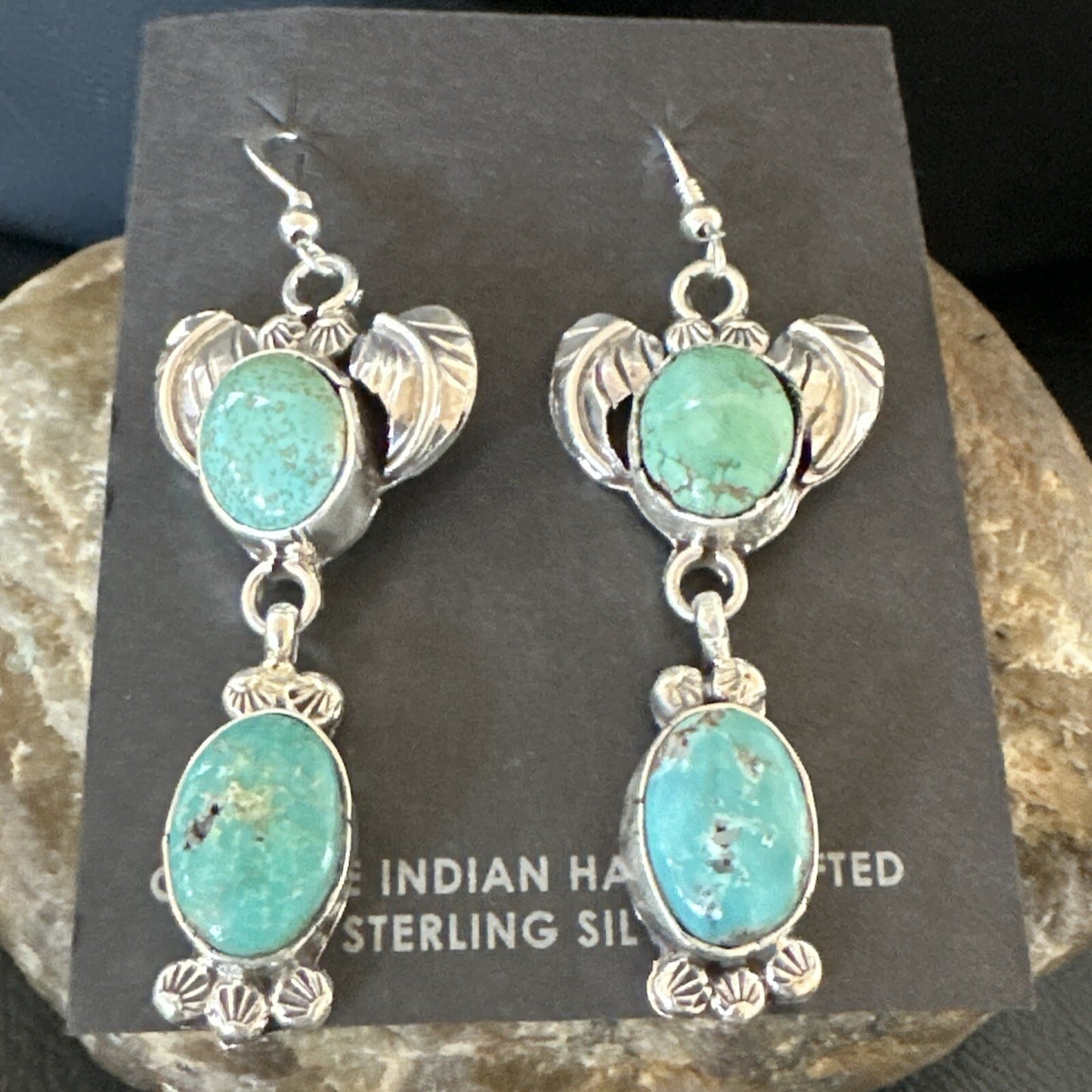 Navajo Green Turquoise Sterling Silver Dangle Earrings 2” 18044