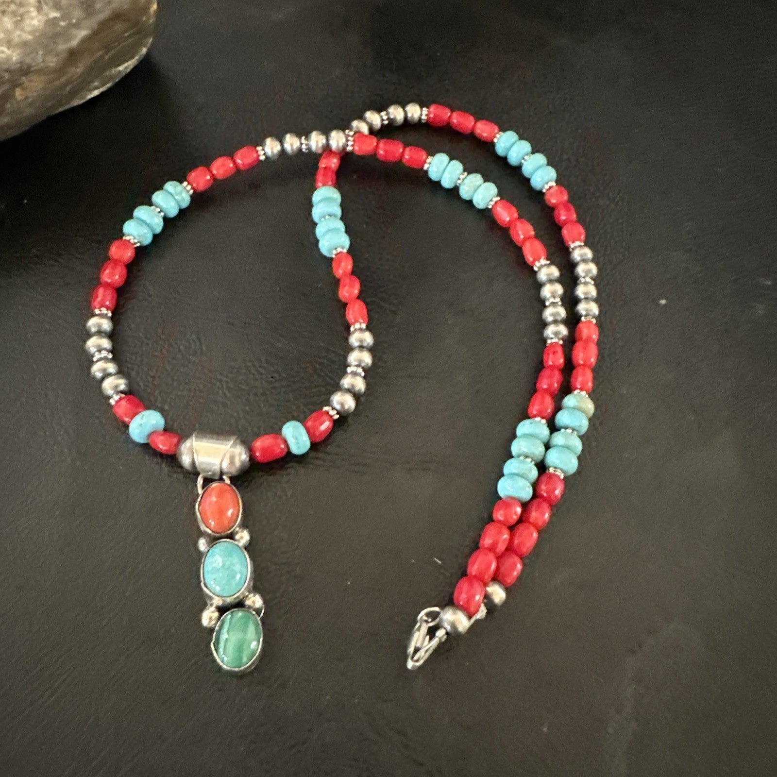 Multicolor Turquoise Coral Navajo Sterling Silver Cluster Pendant Necklace 19654