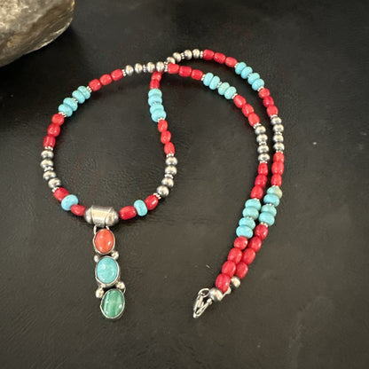 Multicolor Turquoise Coral Navajo Sterling Silver Cluster Pendant Necklace 19654