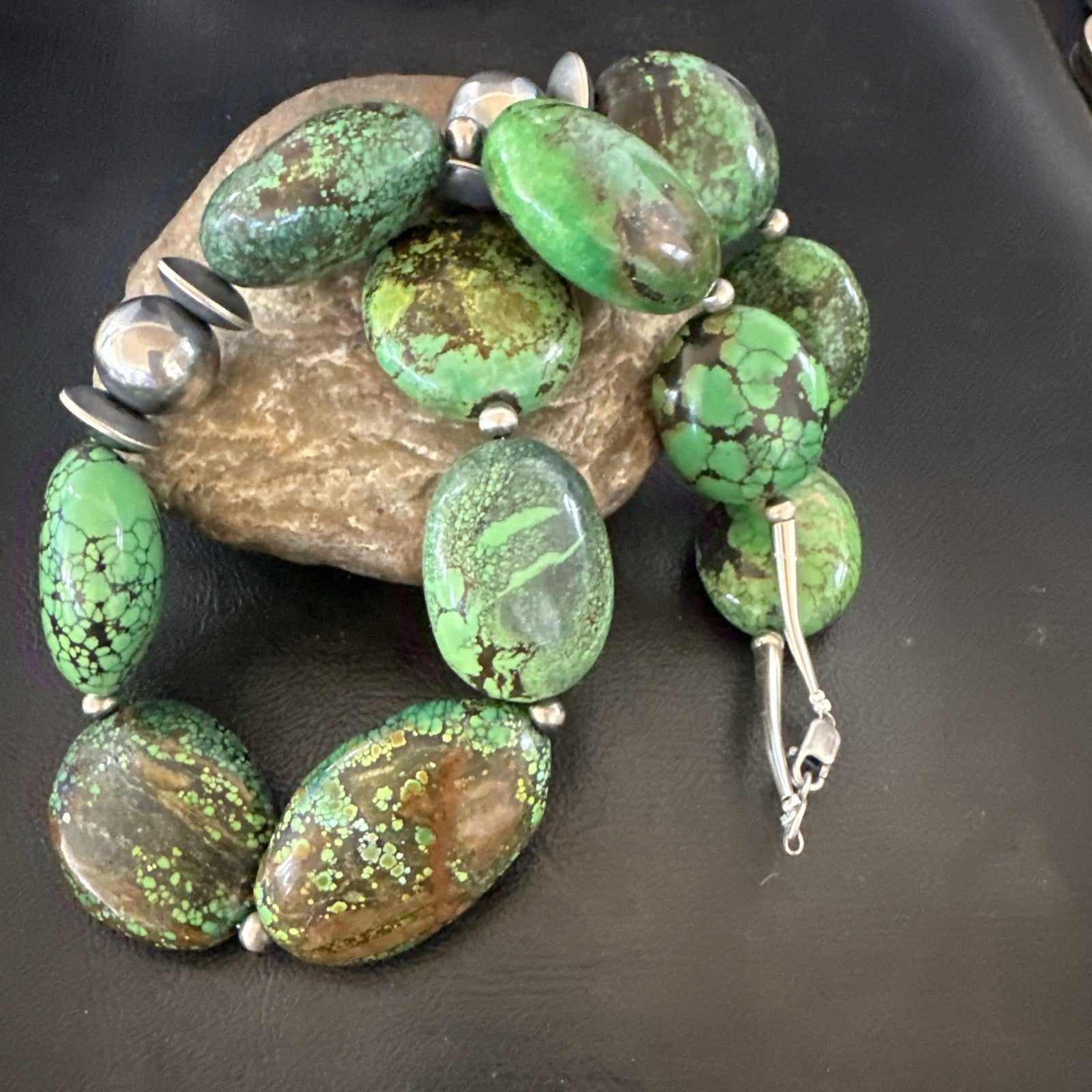 Green Turquoise Nugget Navajo Pearls Sterling Silver Necklace 19533