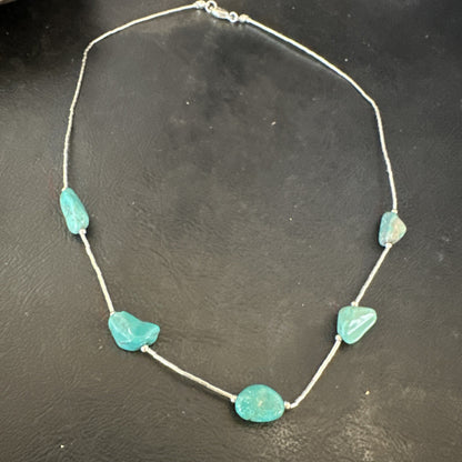 Turquoise Liquid Heishi Sterling Silver Nugget  17" Necklace 2930