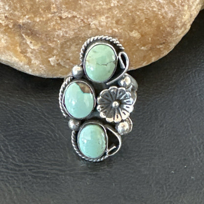 Yazzie Ring Green Turquoise Navajo Sterling Silver Cluster Size 8.5 19214