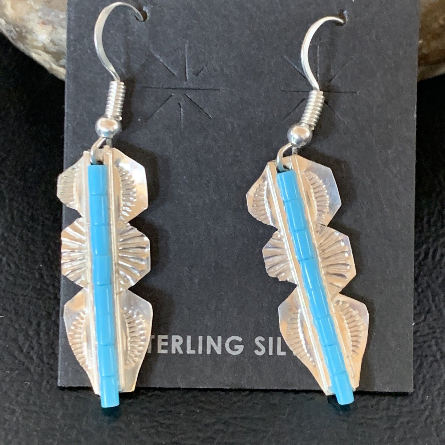 Blue Turquoise Sterling Silver Navajo Handmade Inlay Feather Earrings 13063