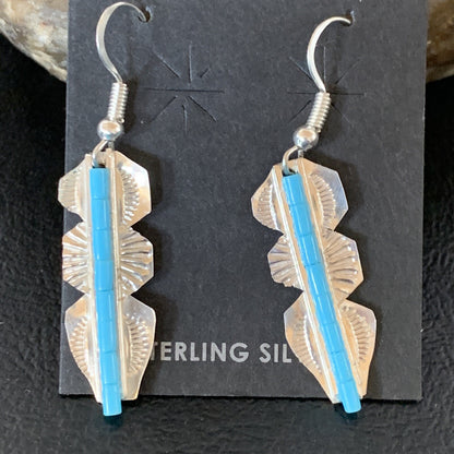 Blue Turquoise Sterling Silver Navajo Handmade Inlay Feather Earrings 13063