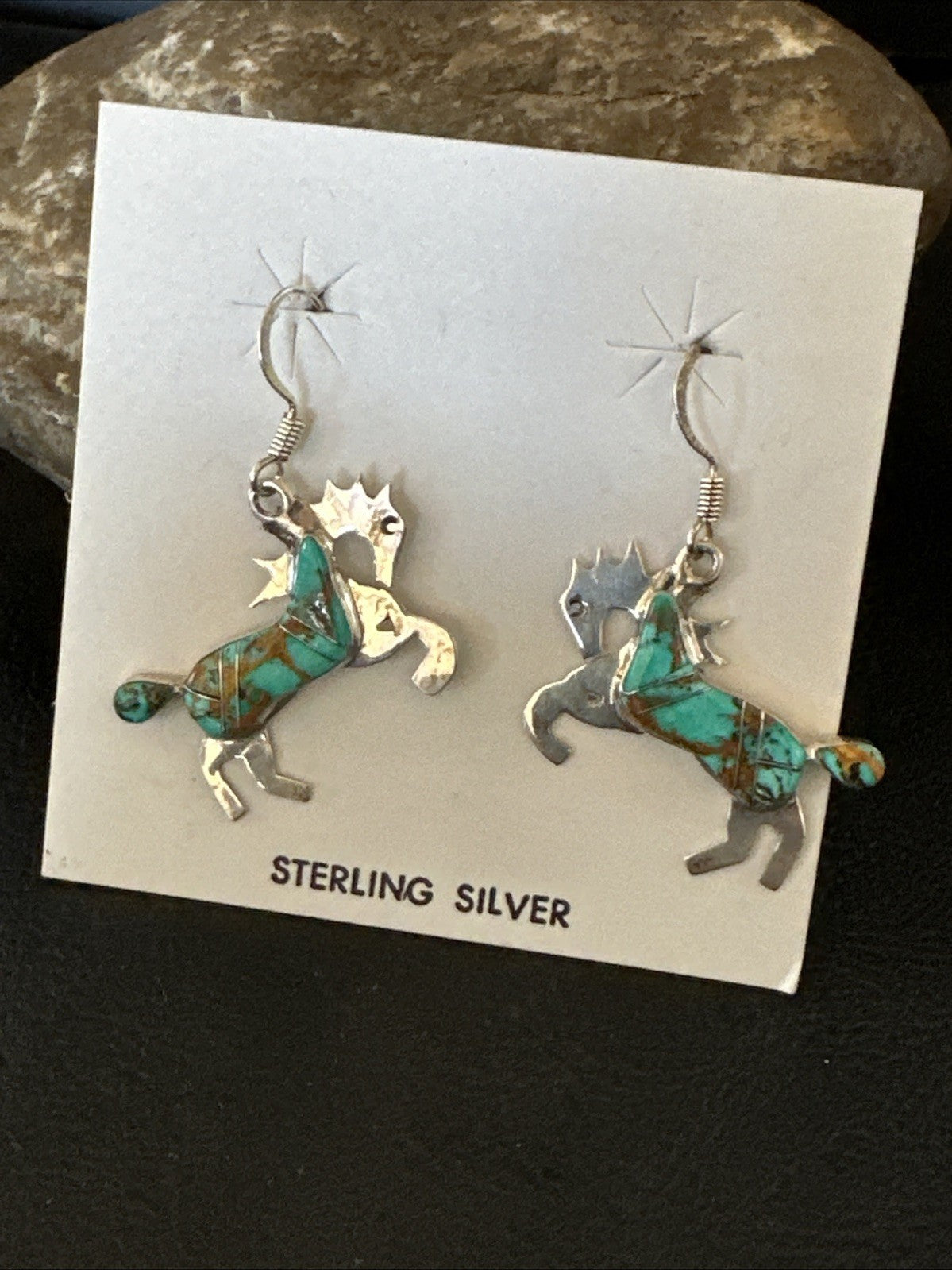 Turquoise Horse Inlay Navajo Sterling Silver Earrings 19826