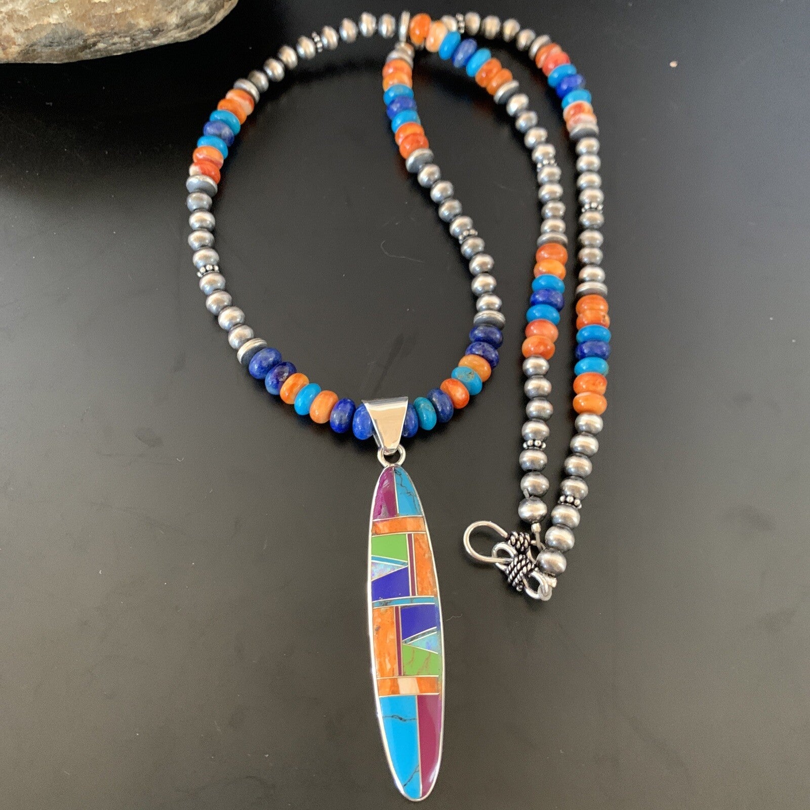 Spiny Oyster & Turquoise Pendant Sterling Silver Beads Necklace 21" 11639