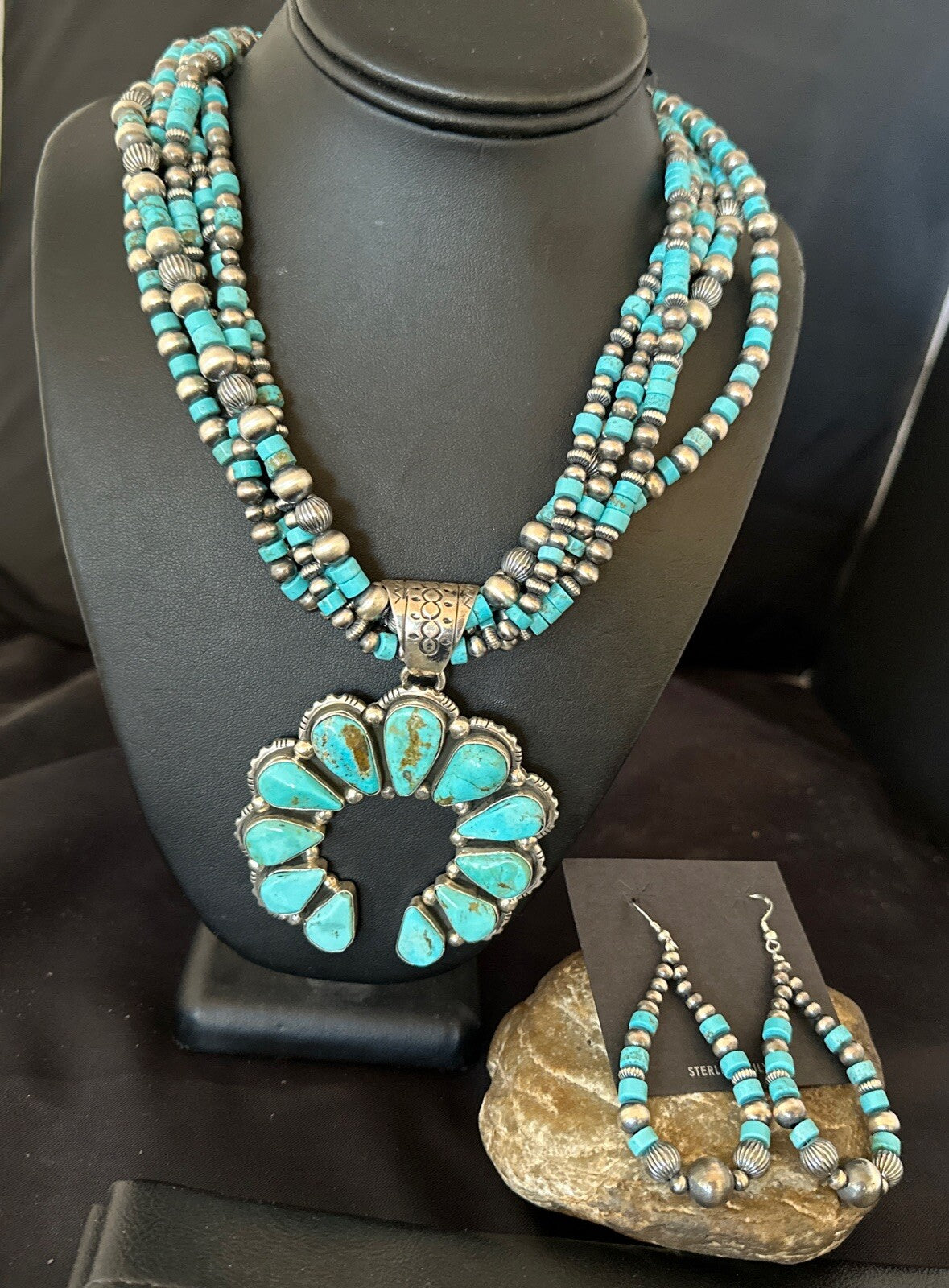 Blue Turquoise Naja Pendant Navajo Sterling Silver Earrings Necklace 21" 16865