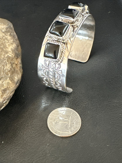 Native Mens Navajo Sterling Silver Black Onyx Cuff Bracelet 5 Stone 18020
