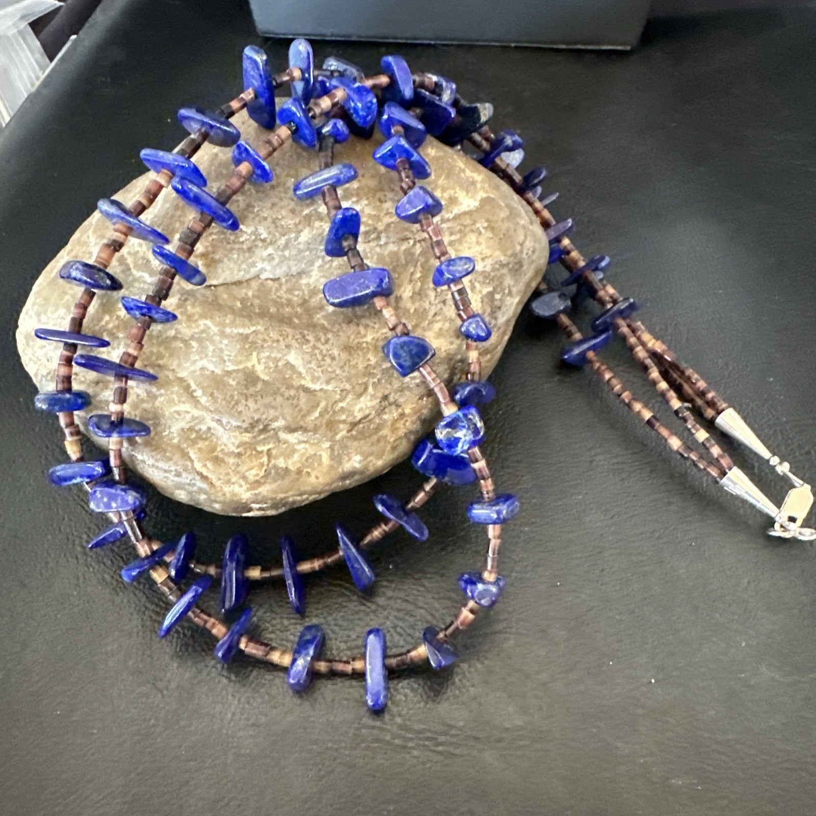 Blue Lapis Lazuli Shell Multi Strand Navajo Sterling Silver Necklace 21" 19722