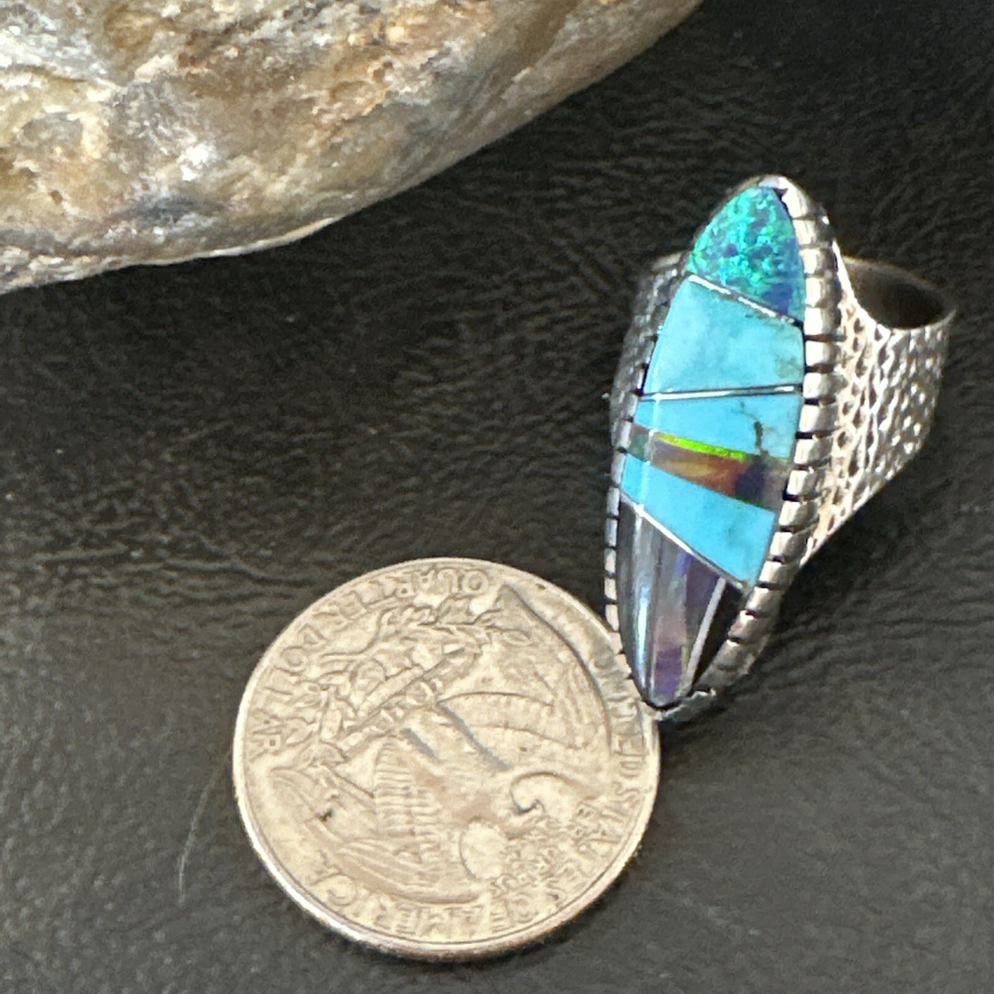 Men Navajo Multi-Color Opal Turquoise Inlay Sterling Silver Ring Size 6 18756