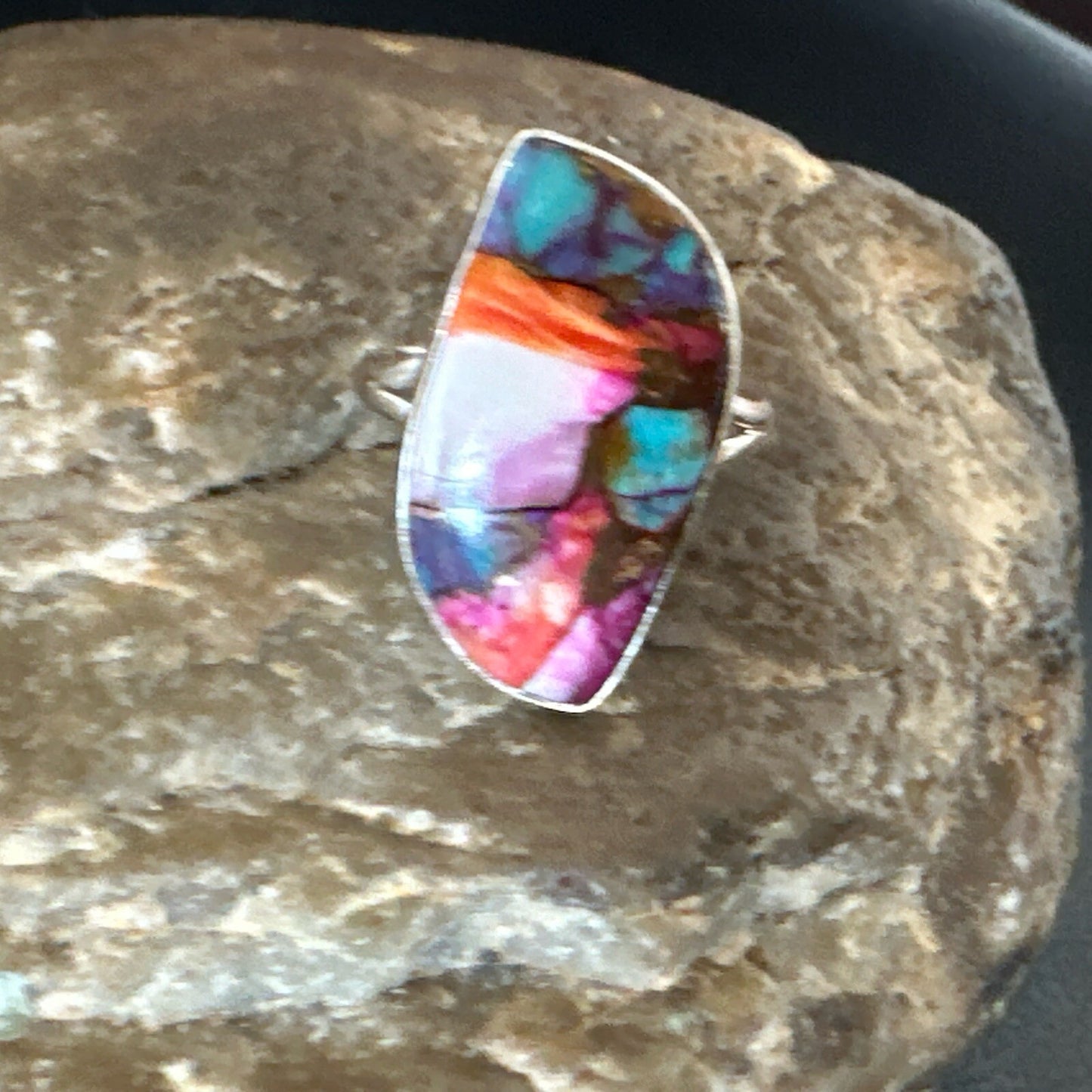 Blue Turquoise Spiny Oyster Navajo Sterling Silver Ring Size 8 18249