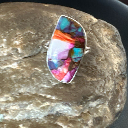 Blue Turquoise Spiny Oyster Navajo Sterling Silver Ring Size 8 18249