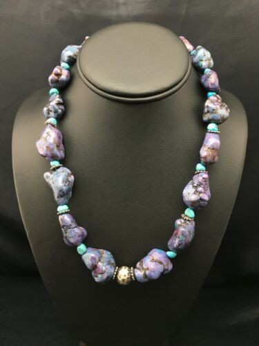 Navajo Turquoise & Magnesite Nugget Necklace Sterling Silver 19" 4514