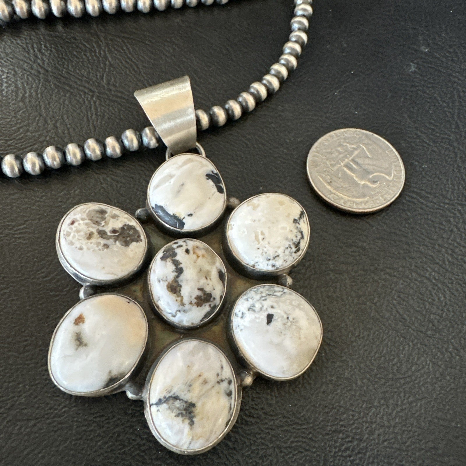 White Buffalo Turquoise Cluster Pendant Navajo Sterling Silver Necklace 19270