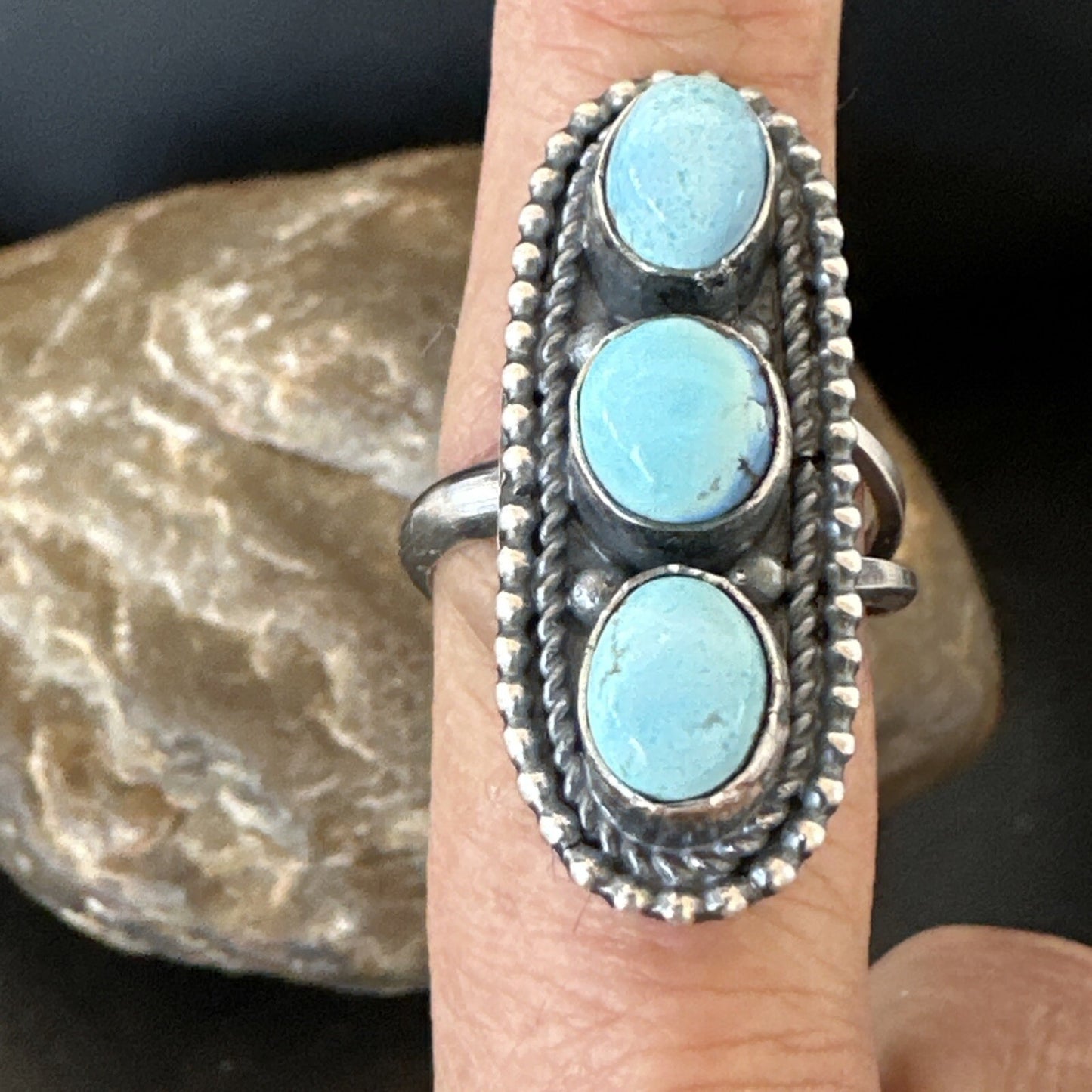 Women Blue Dry Creek Turquoise Navajo Sterling Silver Ring Sz 9 18617