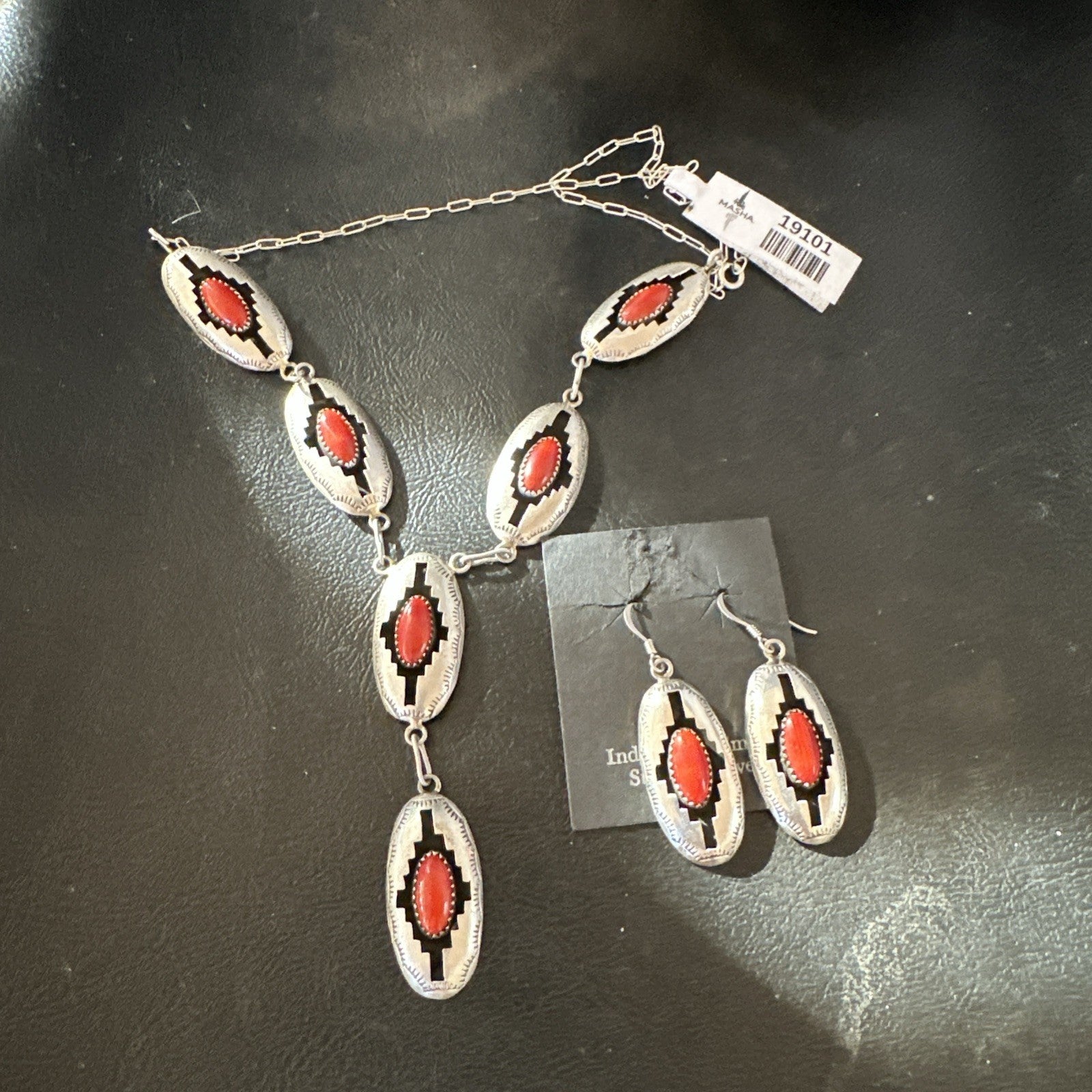 Old Native Navajo Red Coral Sterling Silver Shadowbox Necklace Earrings 18”19101