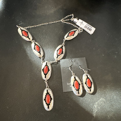 Old Native Navajo Red Coral Sterling Silver Shadowbox Necklace Earrings 18”19101