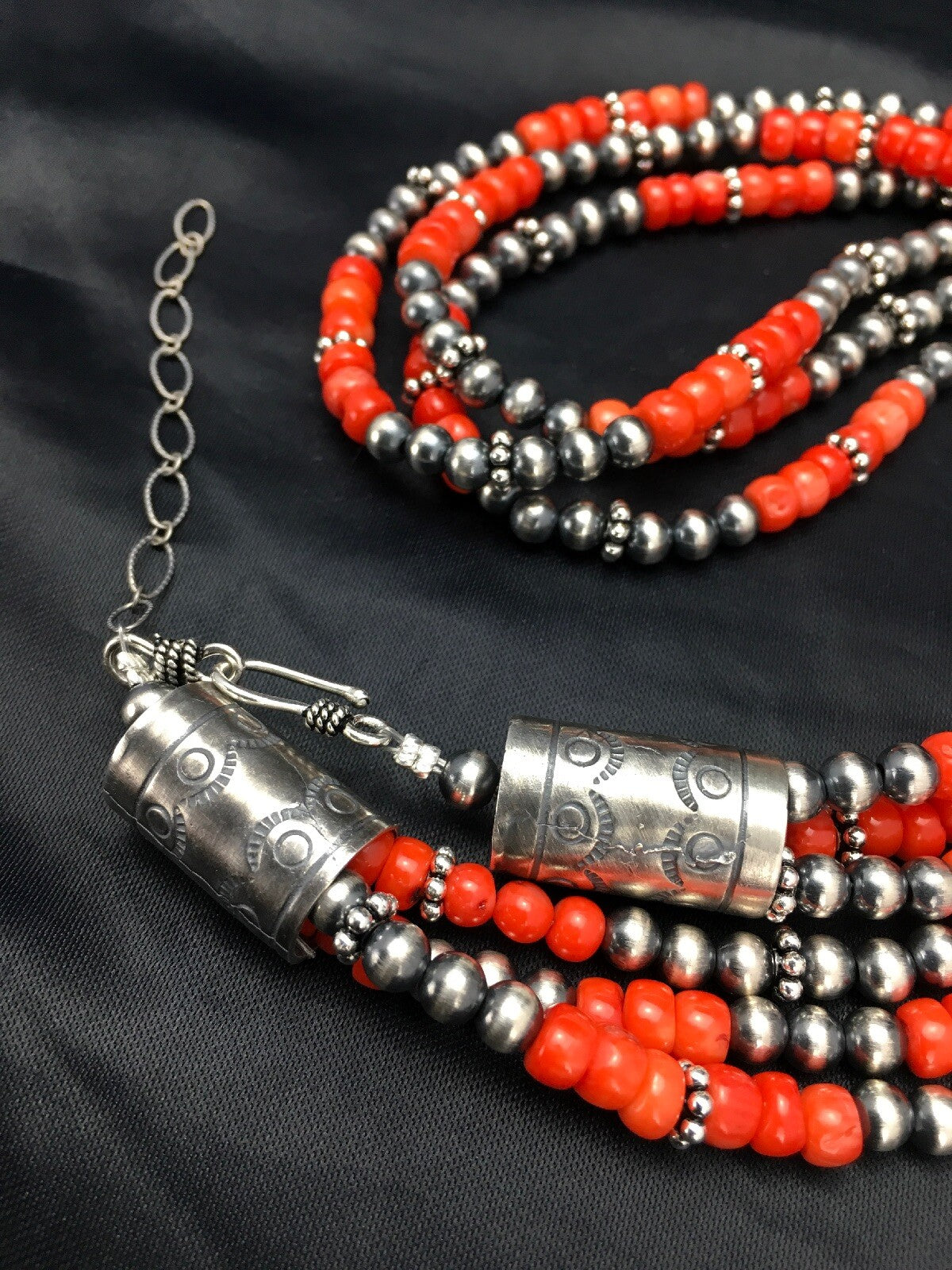 Red Coral 3 Strand Sterling Silver Navajo Necklace 02585