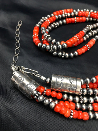 Red Coral 3 Strand Sterling Silver Navajo Necklace 02585