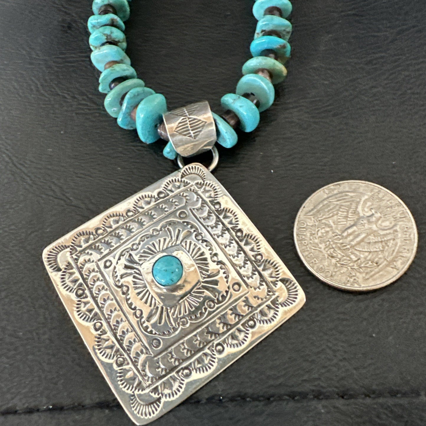 Navajo Blue Turquoise Stamped Pendant Shell Sterling Silver 25” Necklace 19707