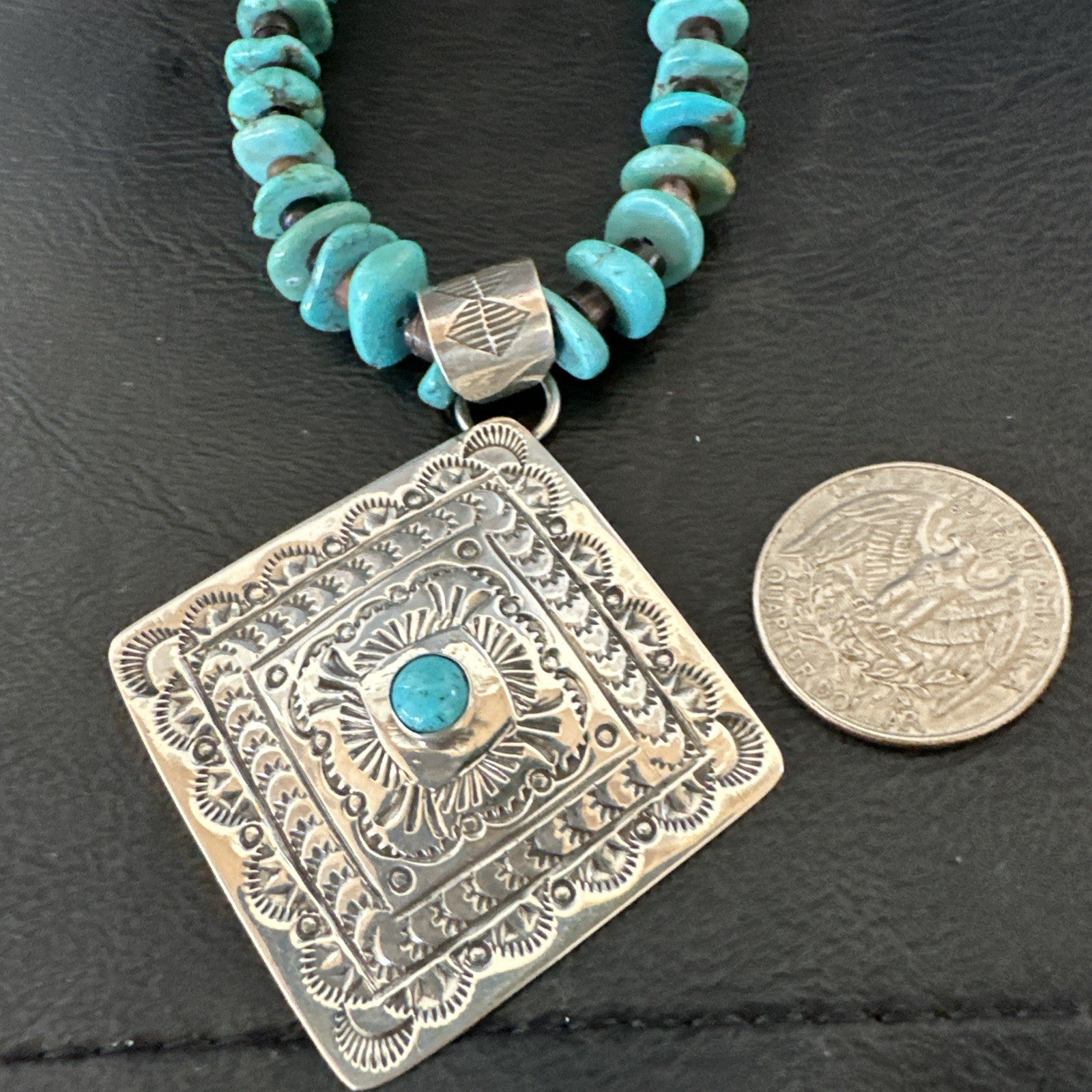Navajo Blue Turquoise Stamped Pendant Shell Sterling Silver 25” Necklace 19707