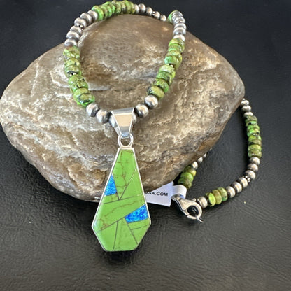 Green Gaspeite & Turquoise Pendant Navajo Pearls Sterling Silver Necklace 18179