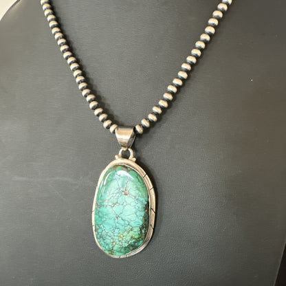 Blue  Green Spiderweb Turquoise Pendant  Sterling Silver Beads Necklace 19494