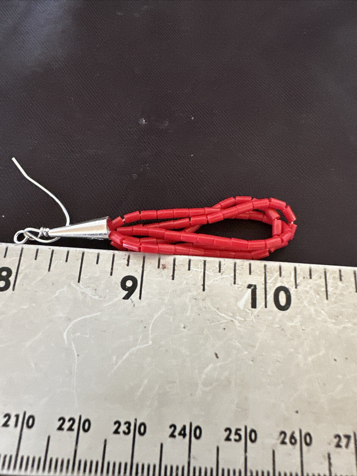 Native Red Coral Heishi 3S Tube Liquid Sterling Silver Dangle Earrings 2" 18198