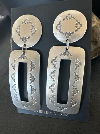 Popular Navajo Stamped Sterling Silver Stamped Handmade Earrings  2.75" 17859