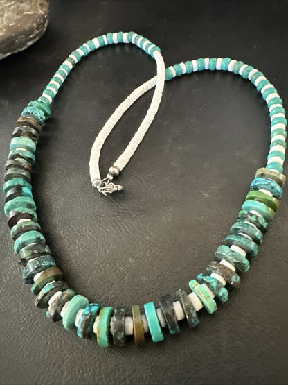 Navajo Blue Turquoise Shell Heishi Sterling Silver Bead 25” Necklace 17853