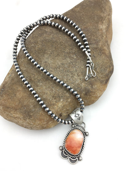 Native Orange Spiny Oyster Pendant Navajo Sterling Silver Necklace 04907