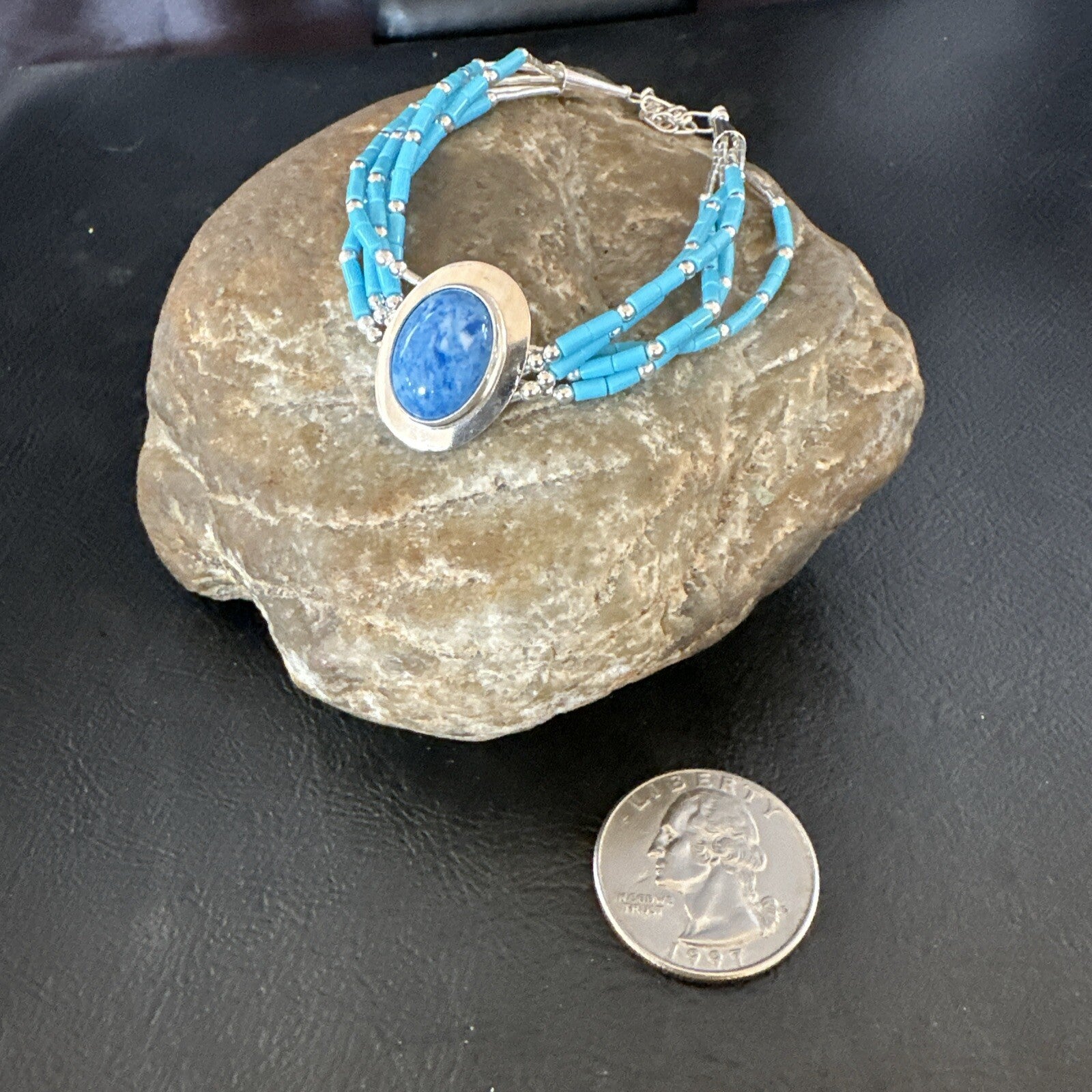 Blue Turquoise Lapis Heishi 5S Pendant Liquid Sterling Silver Bracelet 8" 17753
