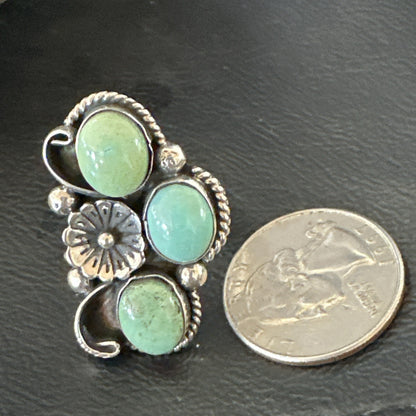 Yazzie Ring Green Turquoise Navajo Sterling Silver Cluster Size 8 19206