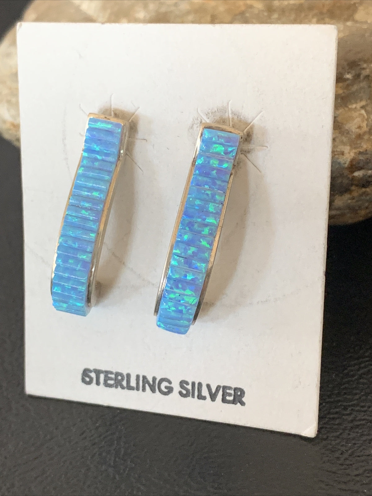 Blue Opal Inlay Navajo Sterling Silver Hoop Earrings 1" 1718