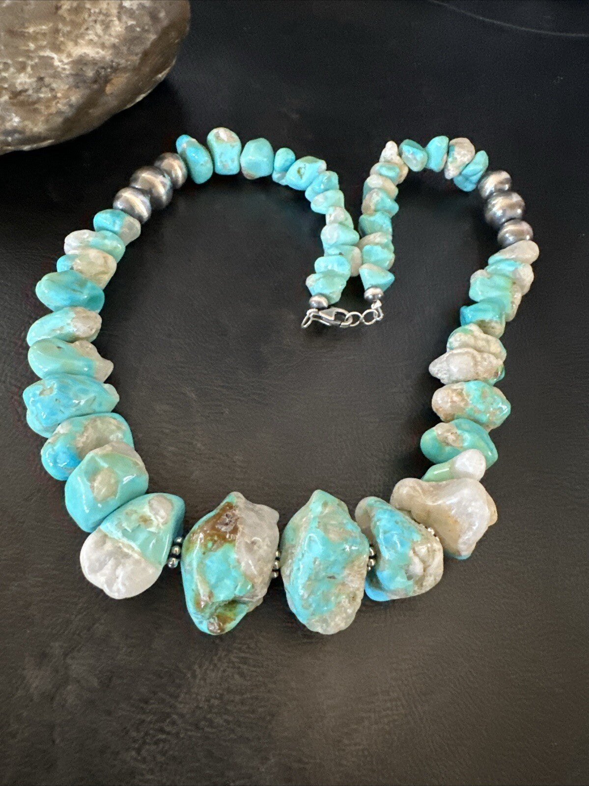 Blue Armenian Turquoise Chunky Nugget Navajo Sterling Silver Necklace 19” 18317